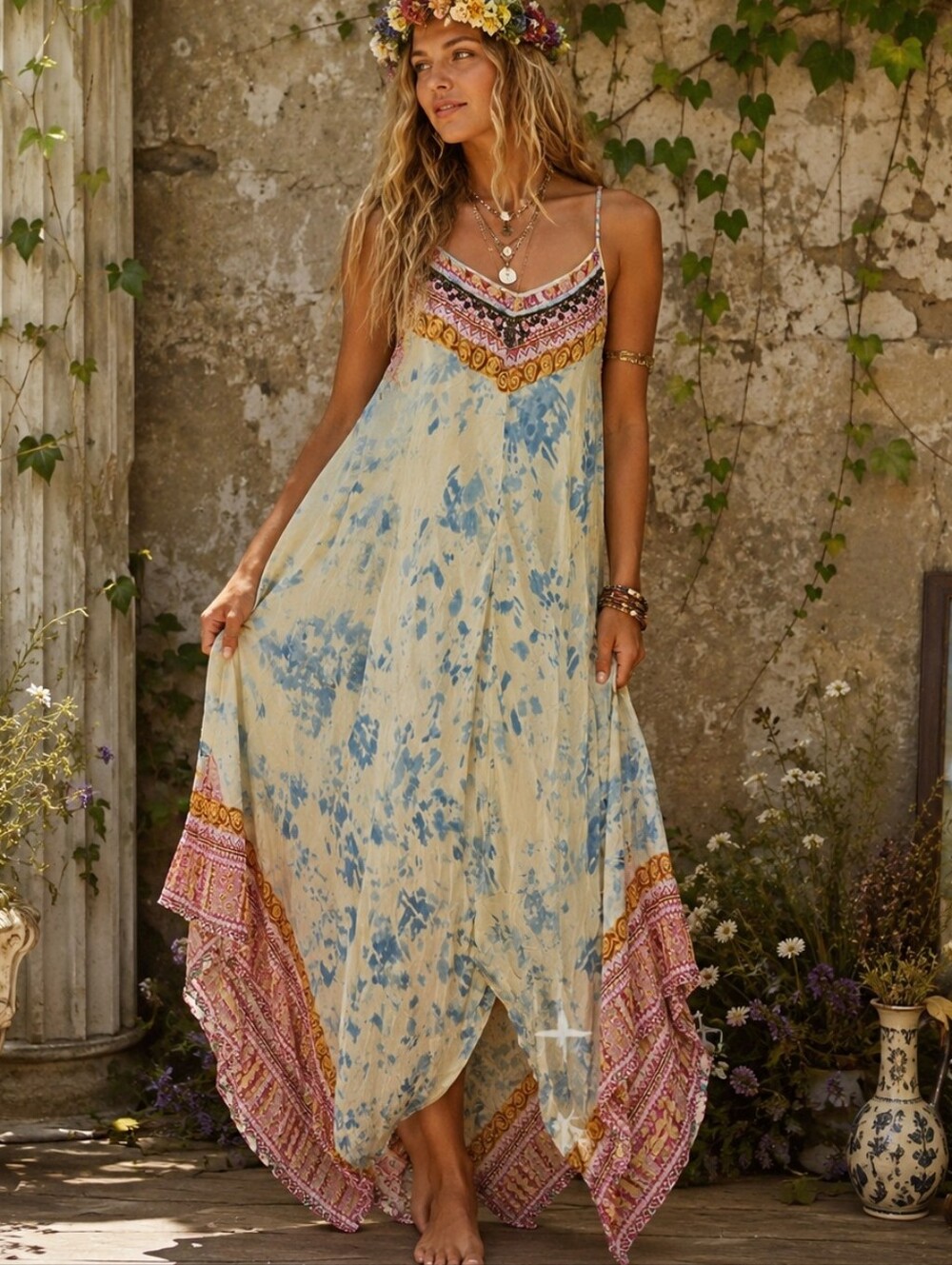 Free People Wild Divine Handkerchief Hem Boho Maxi Dress Turquoise Beaded XS